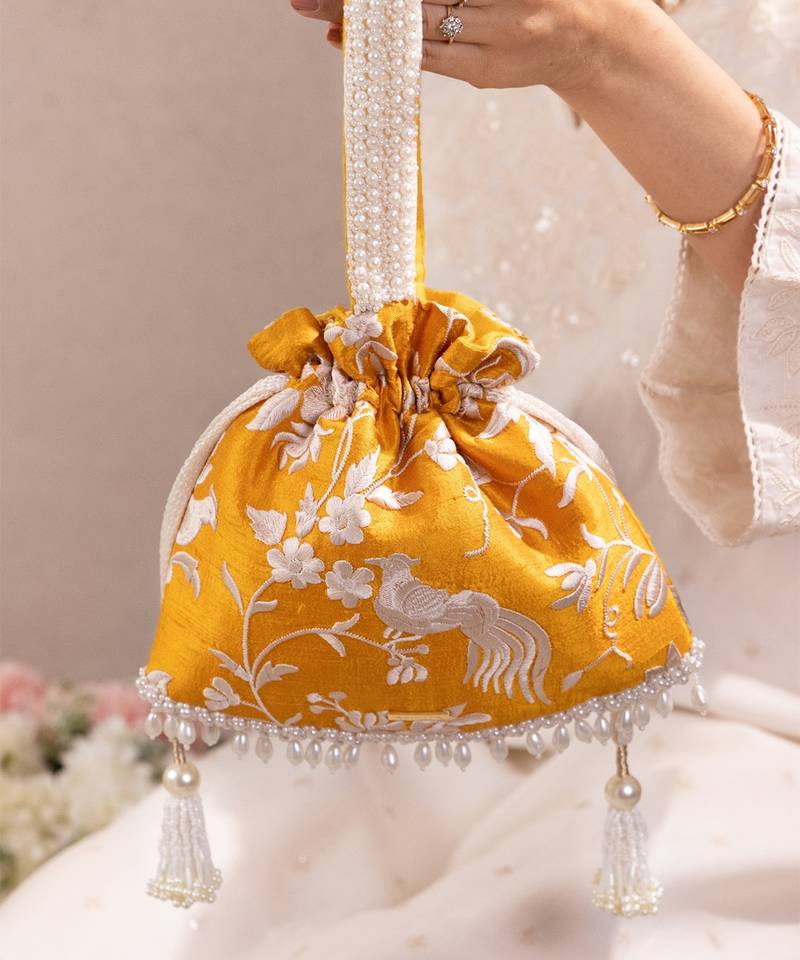 Mustard yellow pure raw silk potli bag