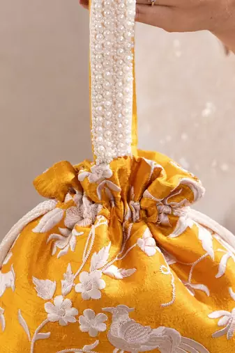 Mustard yellow pure raw silk potli bag