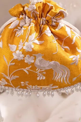 Mustard yellow pure raw silk potli bag