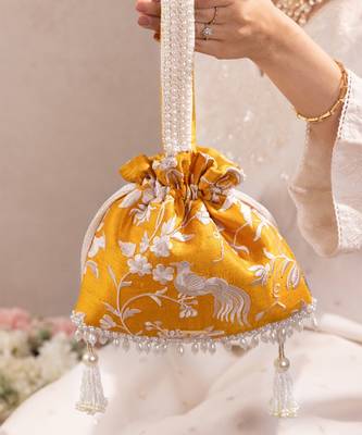 Mustard yellow pure raw silk potli bag 5