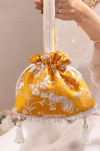 Mustard yellow pure raw silk potli bag