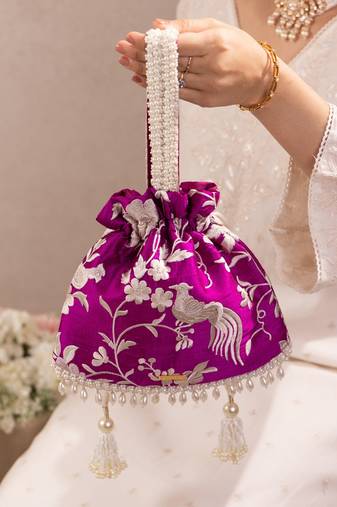 Purple pure raw silk potli bag