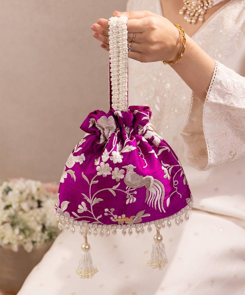 Purple pure raw silk potli bag