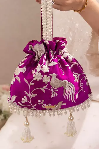 Purple pure raw silk potli bag