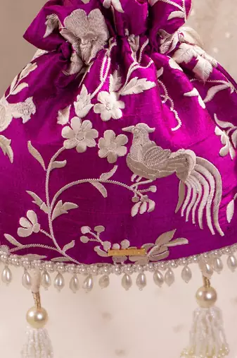Purple pure raw silk potli bag