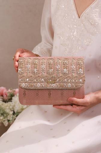 Pink organza silk suede clutch