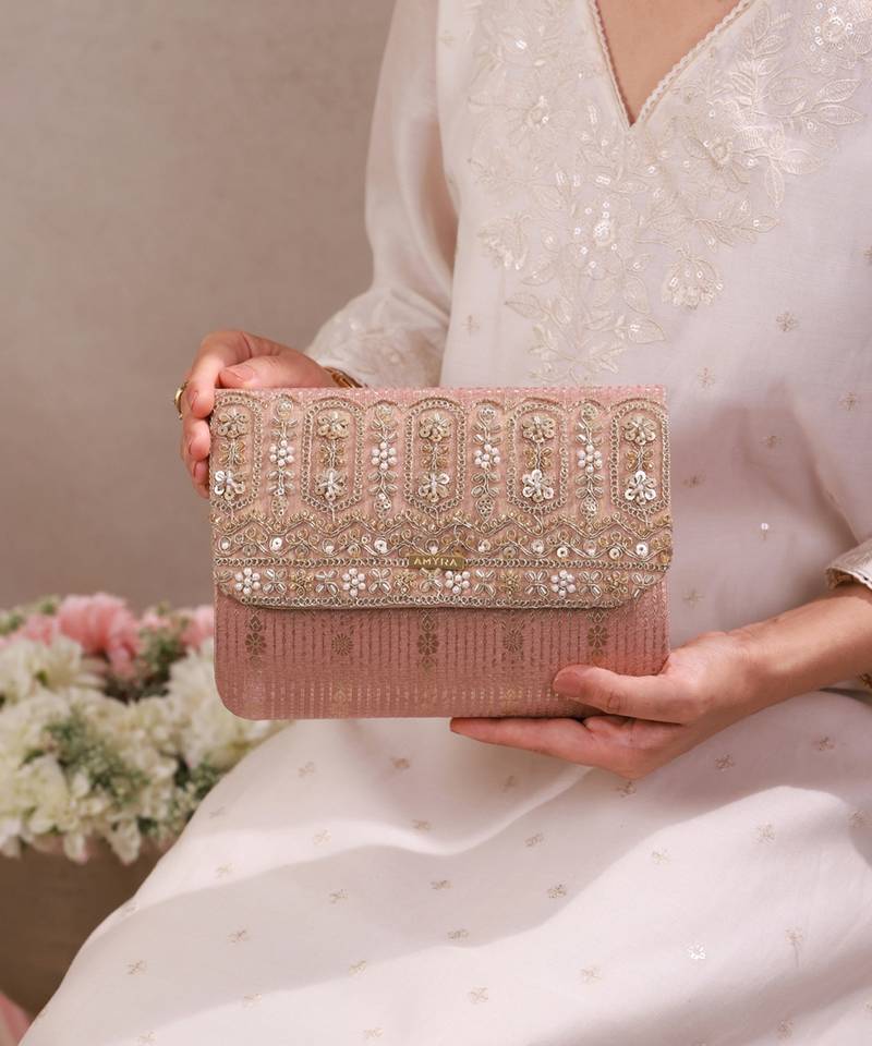 Pink organza silk suede clutch