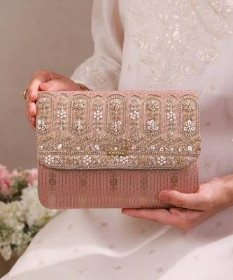 Pink organza silk suede clutch 4