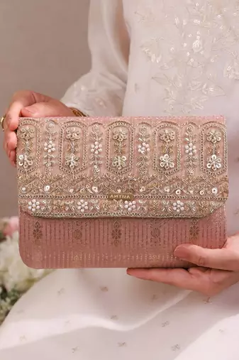 Pink organza silk suede clutch