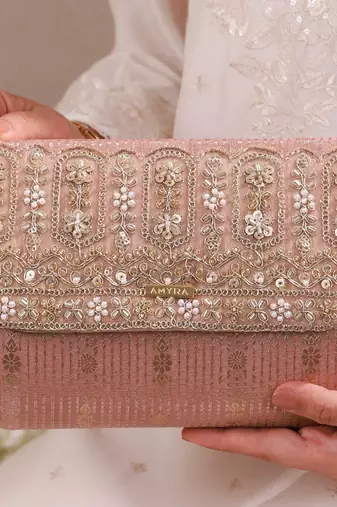 Pink organza silk suede clutch