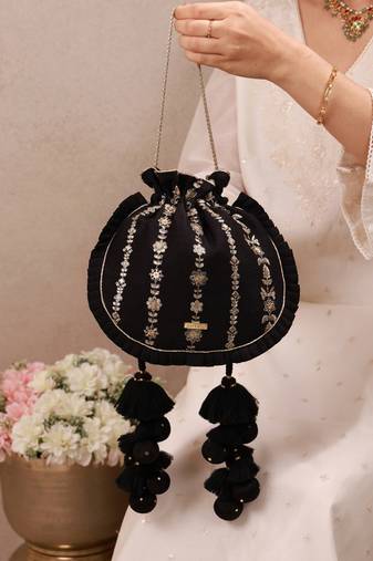 Black embroidered poly silk potli bag