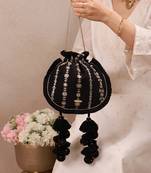 Black embroidered poly silk potli bag