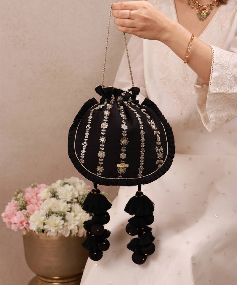 Black embroidered poly silk potli bag