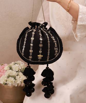 Black embroidered poly silk potli bag 2