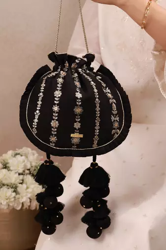 Black embroidered poly silk potli bag