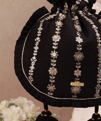 Black embroidered poly silk potli bag 3