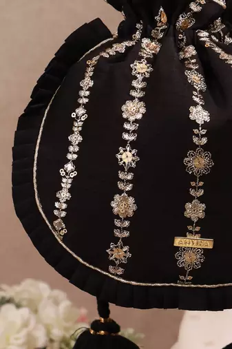 Black embroidered poly silk potli bag