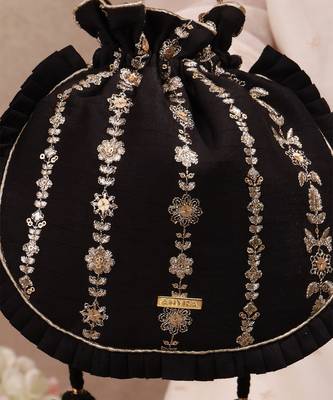 Black embroidered poly silk potli bag 4