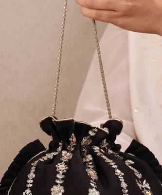 Black embroidered poly silk potli bag 5