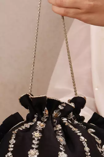 Black embroidered poly silk potli bag