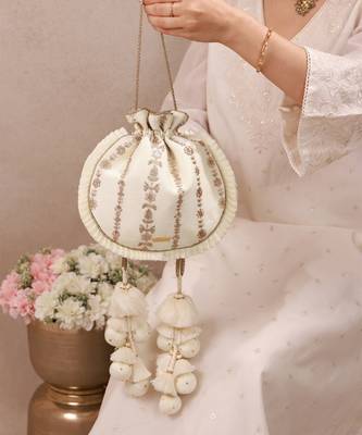 Off white embroidered poly silk potli bag 1
