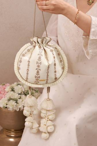 Off white embroidered poly silk potli bag