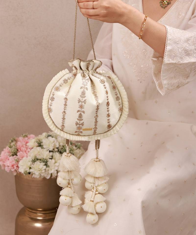 Off white embroidered poly silk potli bag