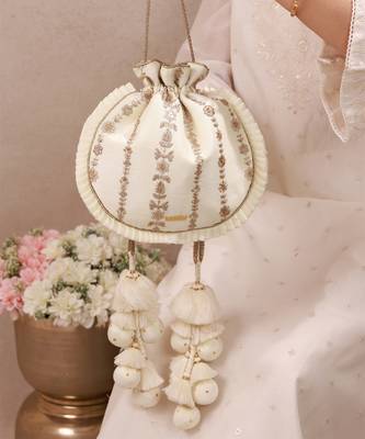 Off white embroidered poly silk potli bag 2