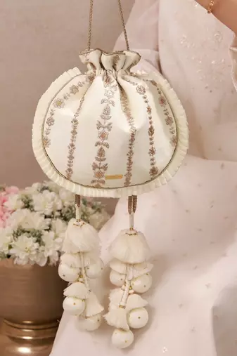 Off white embroidered poly silk potli bag