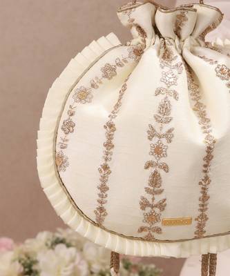 Off white embroidered poly silk potli bag 3