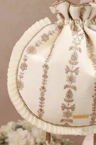 Off white embroidered poly silk potli bag