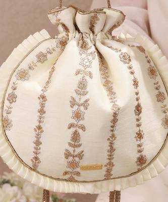 Off white embroidered poly silk potli bag 4