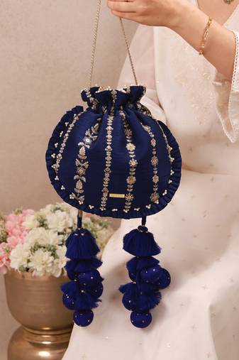Navy blue embroidered poly silk potli bag