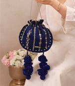 Navy blue embroidered poly silk potli bag