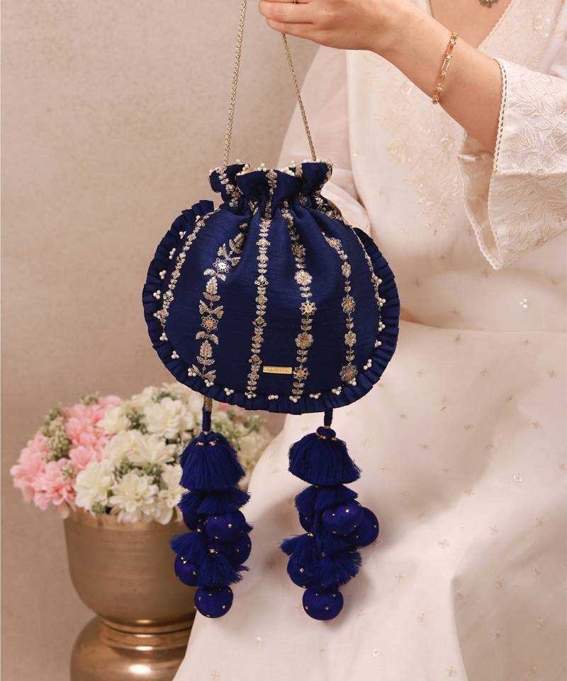 Navy blue embroidered poly silk potli bag
