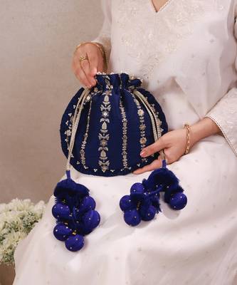 Navy blue embroidered poly silk potli bag 2