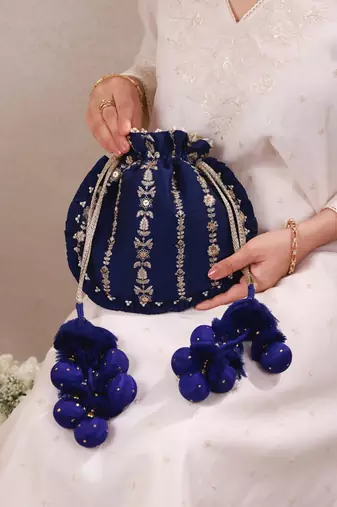 Navy blue embroidered poly silk potli bag