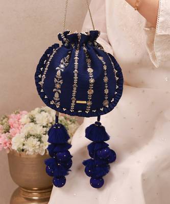 Navy blue embroidered poly silk potli bag 3