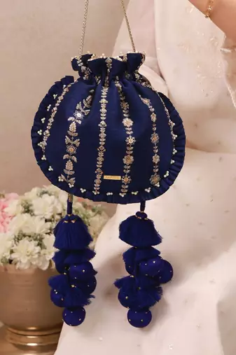 Navy blue embroidered poly silk potli bag