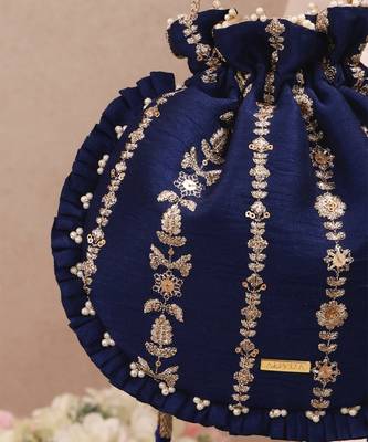 Navy blue embroidered poly silk potli bag 4