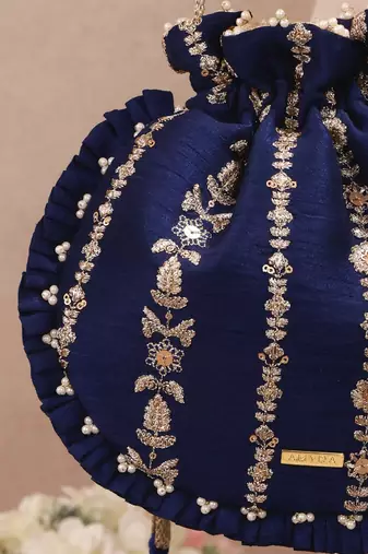Navy blue embroidered poly silk potli bag