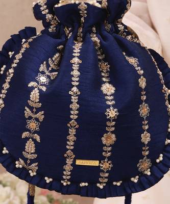 Navy blue embroidered poly silk potli bag 5