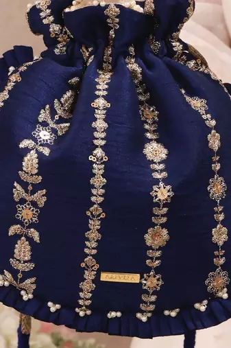 Navy blue embroidered poly silk potli bag