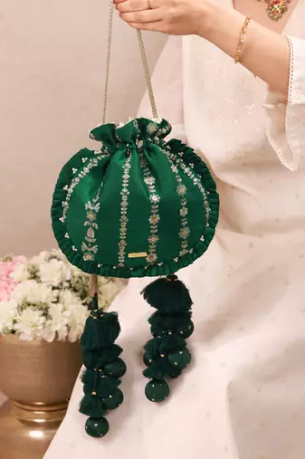 Green embroidered poly silk potli bag