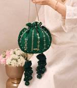 Green embroidered poly silk potli bag