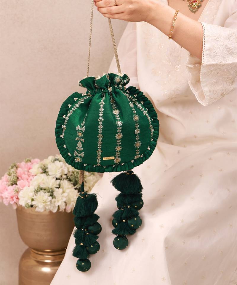 Green embroidered poly silk potli bag