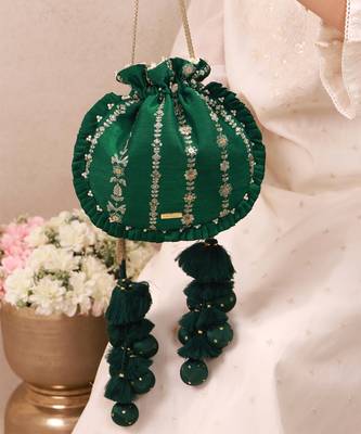 Green embroidered poly silk potli bag 2