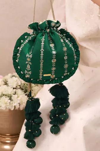 Green embroidered poly silk potli bag