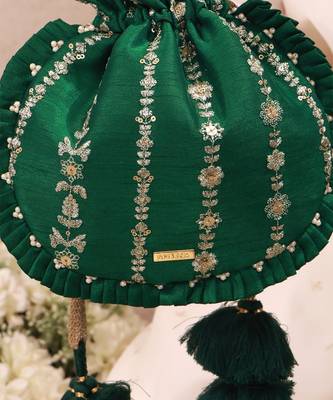 Green embroidered poly silk potli bag 3