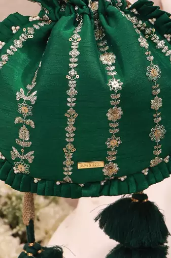 Green embroidered poly silk potli bag